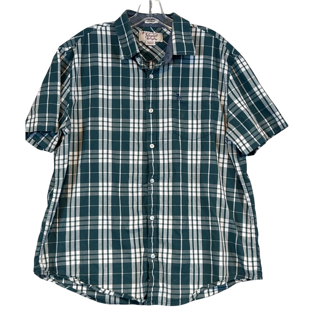 Original Penguin Mens XL Green White Plaid Short Sleeve Button Down Classic Fit
